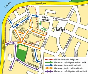 Karta på Gamleby med nya körriktningar april 2023