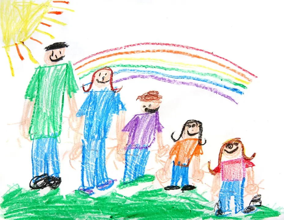 Tecknad bild på två vuxna och tre barn med en regnbåge i bakgrunden.