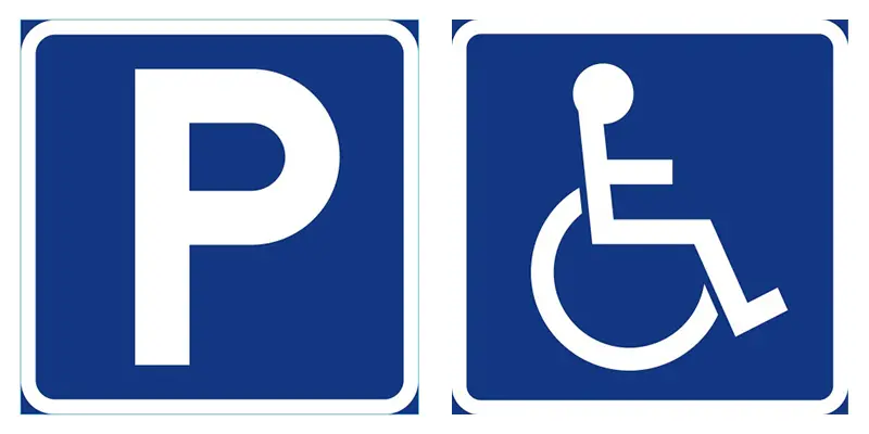 Vägskylt parkering jämte vägskylt handikapparkering